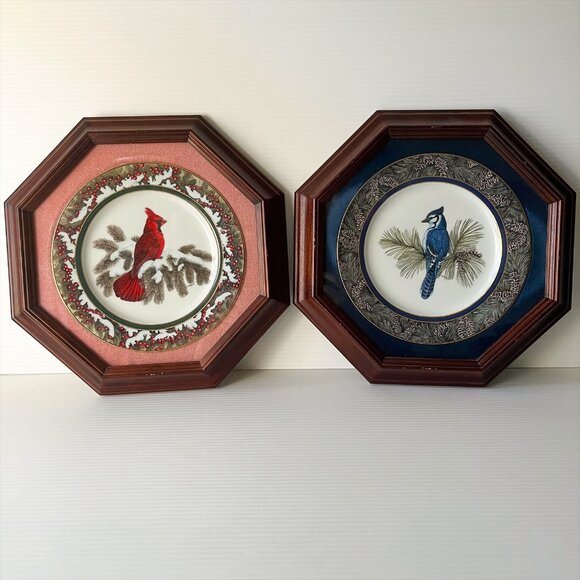 Vintage Cardinal Blue Jay Framed Collector Plates Set 2 by Christine Marshall - Picture 1 of 10